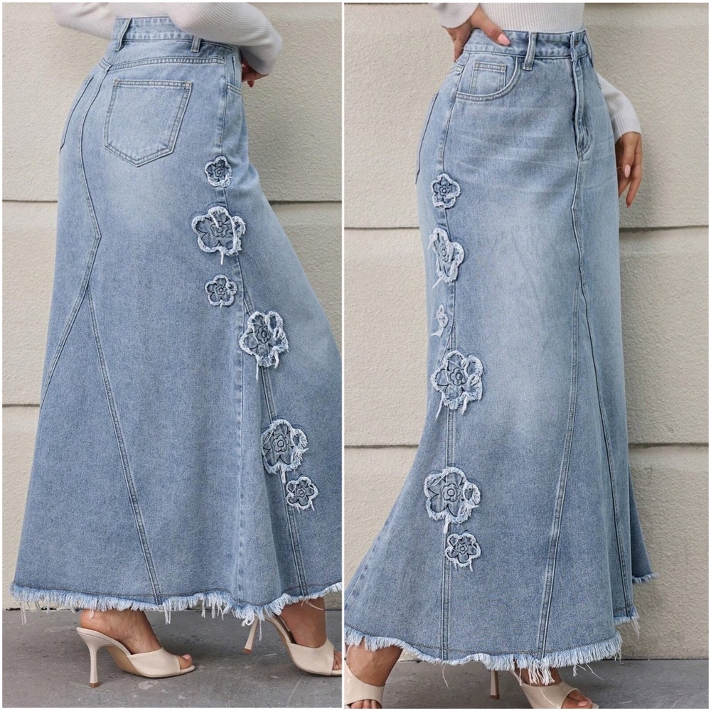 Light Wash Floral Applique High Waisted Denim Maxi Skirt - Picture 3 of 4